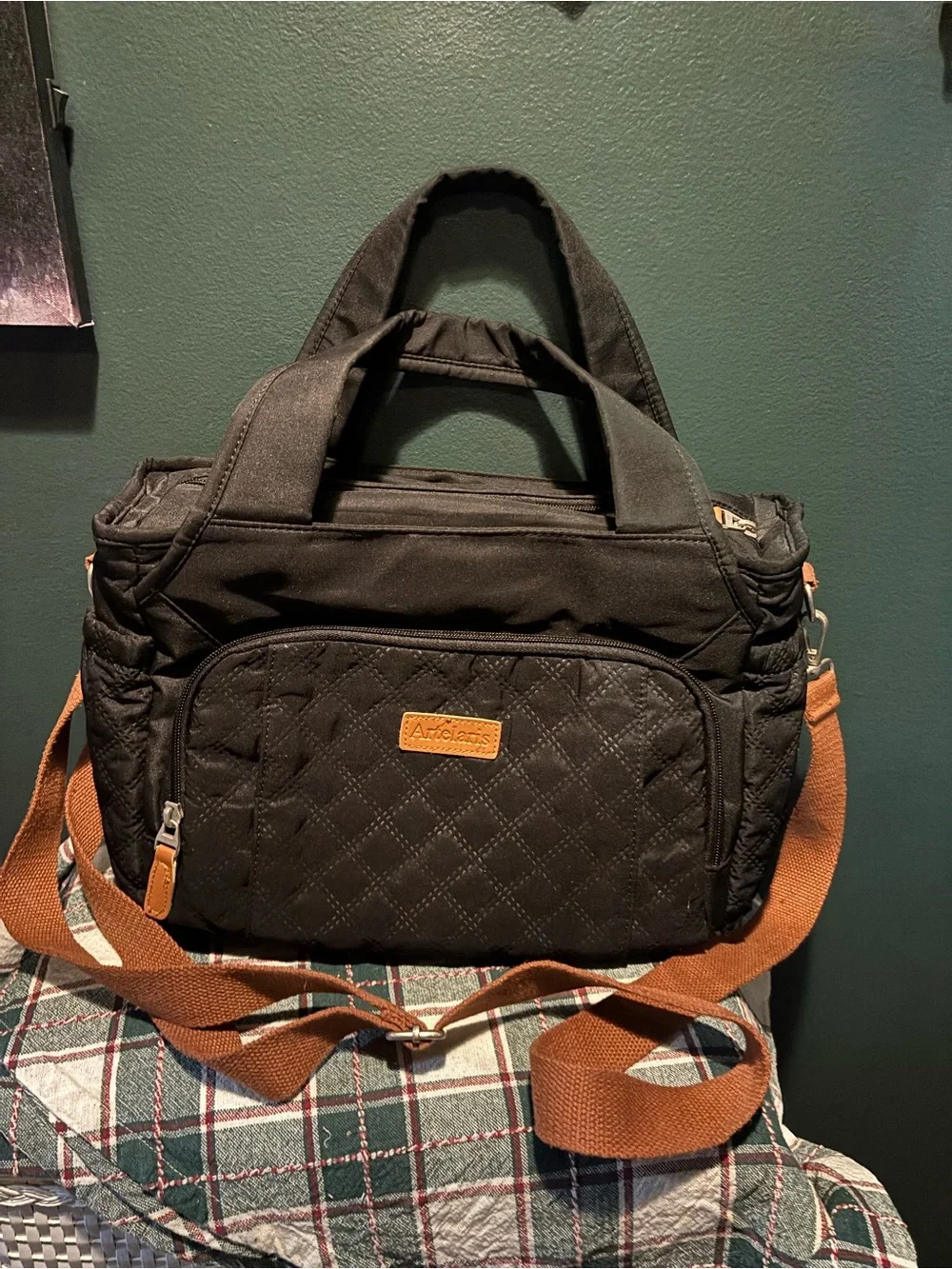 Black Quilted Insulated Lunch Bag with Brown Adjustable Strap 7 pockets
